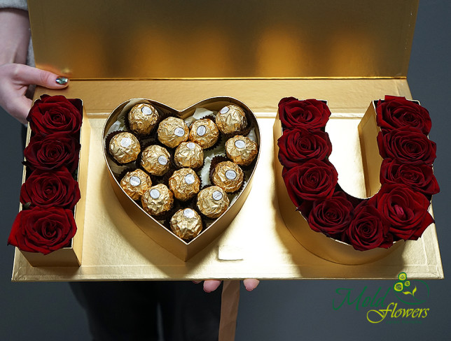 Box "I Love You" with red roses and Ferrero Rocher photo